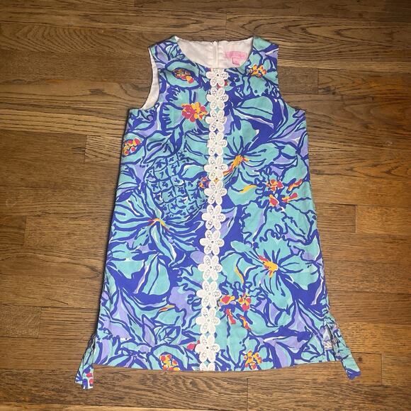 Lilly Pulitzer Girls Shift Dress Size 10 Blue Floral Cotton Sleeveless Mai Tai - Picture 2 of 15